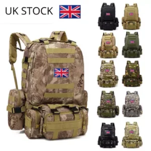 55L Large Rucksack 4 in 1 Outdoor Army Backpack Military Tactical Molle Inferno